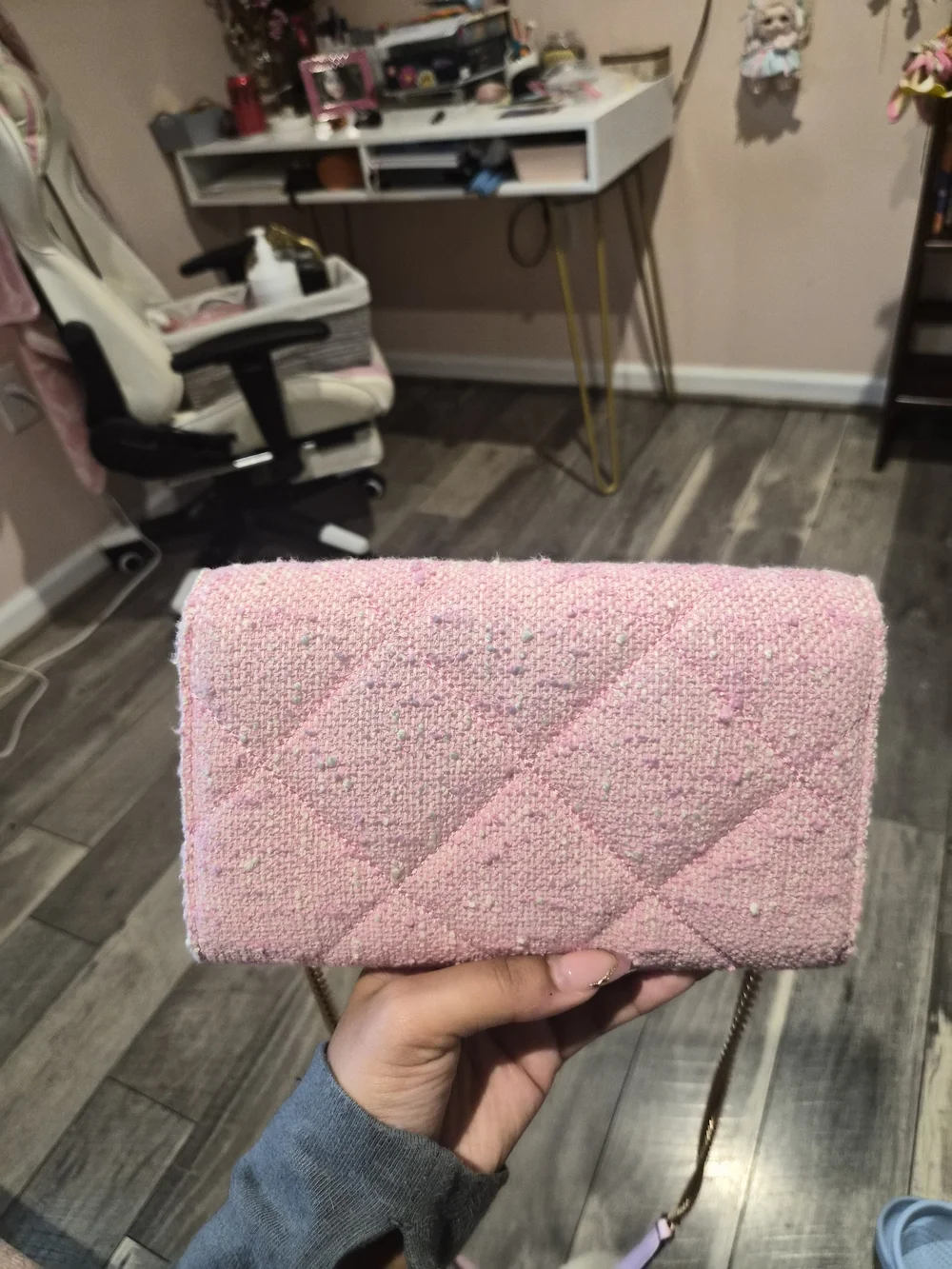 Tory Burch Pink Quilted Tweed Crossbody Bag with Gold Logo
